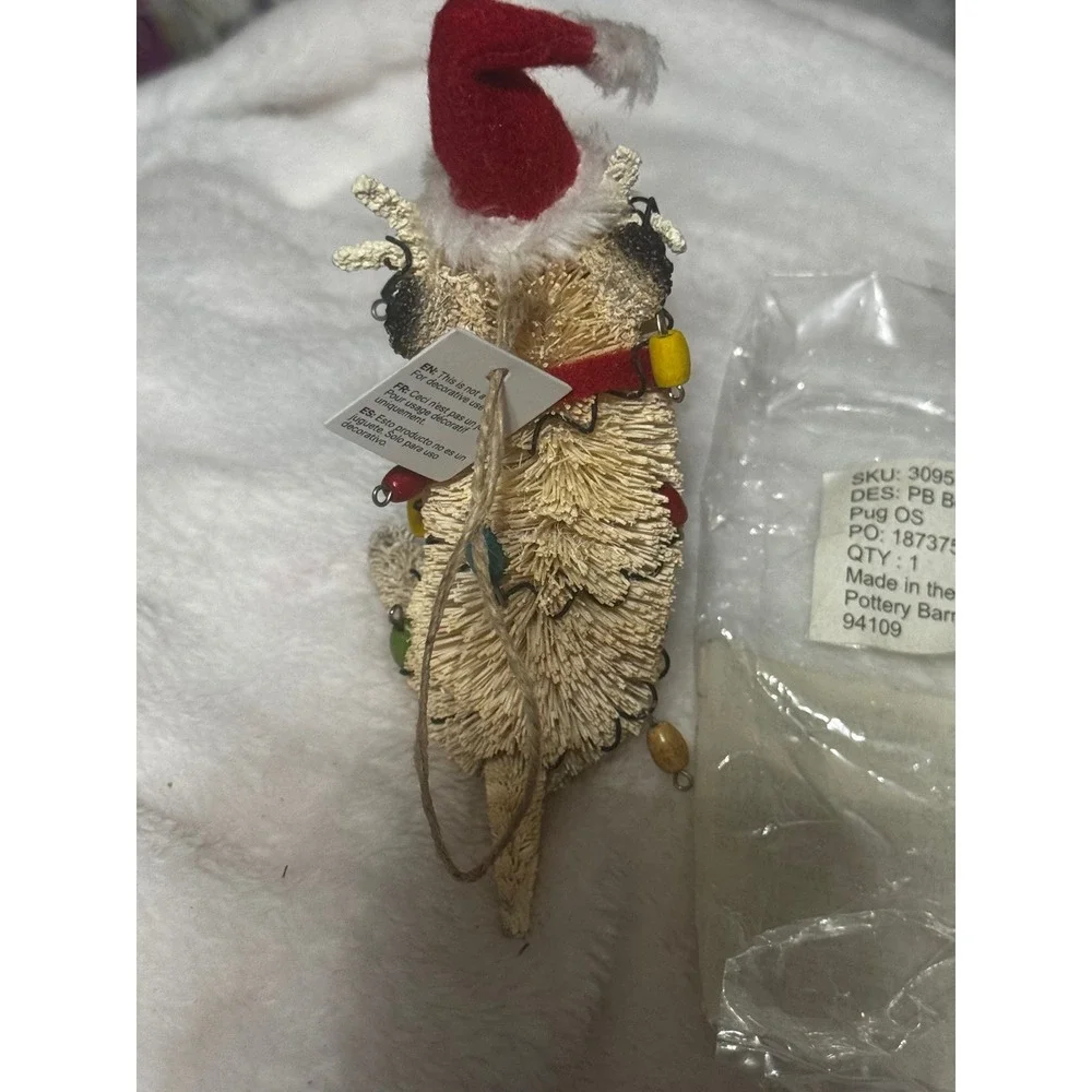 Pottery‎ Barn Bottlebrush Party Pug Christmas Ornament Santa Hat Lights 3095702